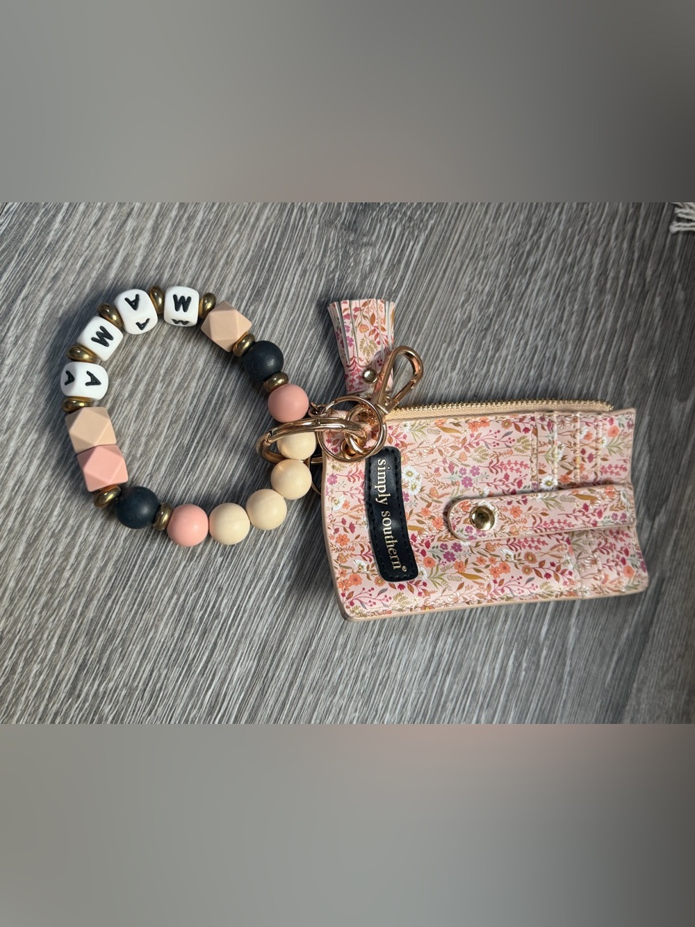 Simply Southern Pink Floral Beaded Wristlet Key Holder
